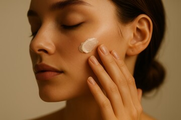 lose-up portrait of a woman gently applying moisturizing face cream to her cheek. Soft natural light and clean minimal skincare aesthetic.