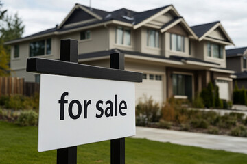 Obraz premium blank white sign with the words for sale written on it, in front of a modern suburban house