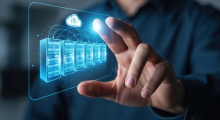Futuristic data network concept showing a hand interacting with a holographic server array and cloud icon illustrating digital infrastructure and cloud computing data storage and enterprise innovation