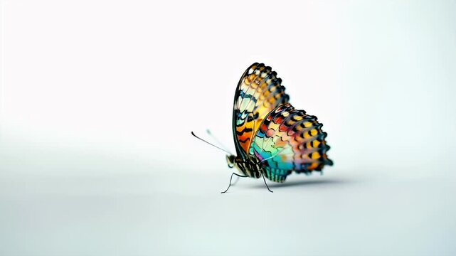 A closeup of a butterfly with a vibrant, multicolored pattern on its wings. The butterflys wings are spread out, revealing intricate patterns and colors. The background is a plain white surface.