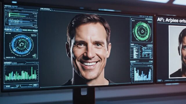 Futuristic visualization of AI generating deepfake content, representing machine learning, facial synthesis, image editing technology, and the challenges of digital authenticity