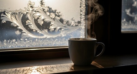 Warm coffee mug steams by frosty window on sunny winter morning