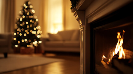 Cozy ambiance featuring a warm fireplace and blurred Christmas tree. Embrace the festive spirit with soft light illuminating a serene living space. Enjoy the holidays!