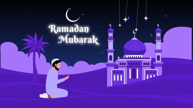 Ramadan Mubarak Greeting Animation with Night Landscape