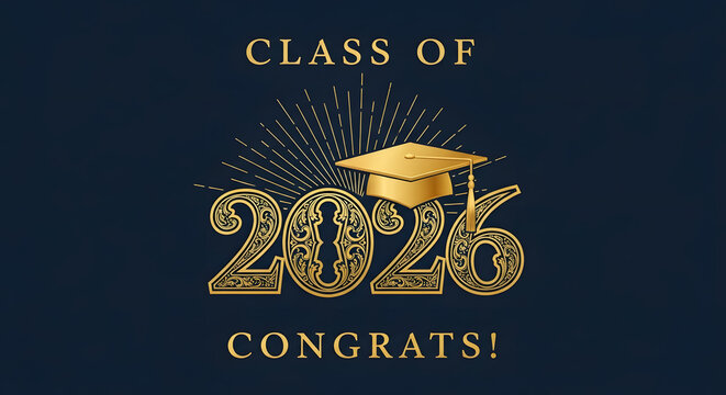 Elegant class of 2026 graduation cap and ornate numbers with fireworks on dark blue background