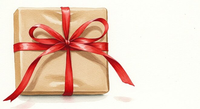 A beautifully wrapped gift box with a red ribbon bow, isolated on a white background