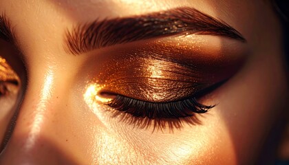 Artistic close-up of gold metallic eyeshadow with perfect lashes. Ideal for makeup advertising, eyeshadow palettes, luxury beauty brands, editorial beauty, and cosmetics promotions.