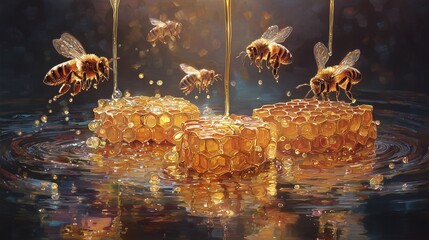 Bees collecting honey from honeycombs: sparkling gold against the background of water, an illustration of nature and beekeeping