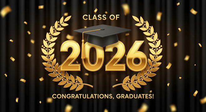 Golden class of 2026 graduation cap and laurel wreath with falling confetti