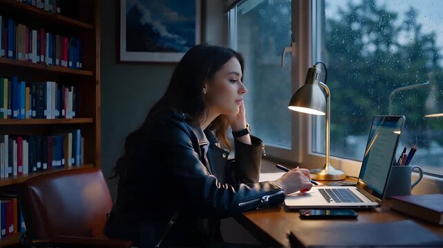 Contemplative Woman in Library Reflecting Deeply by Rainy Window Under Soft Desk Lamp Glow.