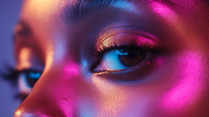 Confident look in close-up eyes with sharp lighting and vivid tones 
