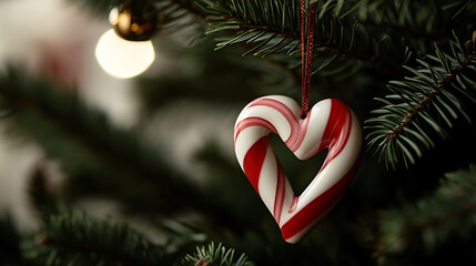 A heart-shaped red and white striped ornament hanging on a Christmas tree, evokes holiday joy and warmth. The close-up captures the intricate details of the ornament.