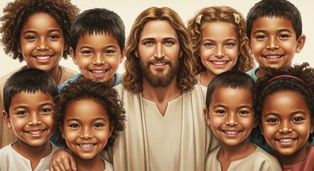 Jesus christ surrounded by a diverse group of happy, smiling children of various ethnicities