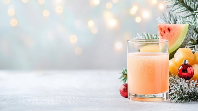 Refreshing cocktail with fruit garnishes, perfect for festive celebrations. vibrant colors and holiday decorations create joyful atmosphere