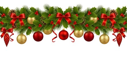 Festive Christmas Garland Border with Holly and Ornaments