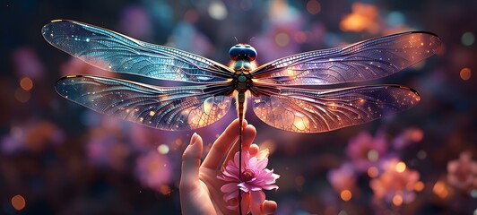 A dragonfly , a small creature made of glass that is sitting in the palm of your hand,generative AI