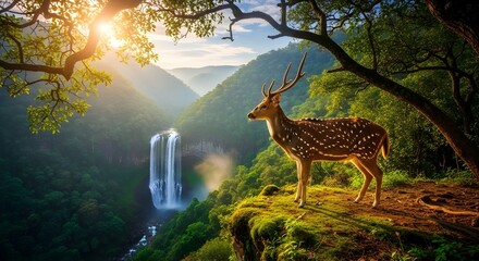 Majestic Spotted Deer on Cliff Overlooking Waterfall and Jungle