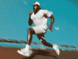 grainy illustration of an athlete running on the track with motion blur and sweat visible.