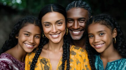 Family smiles surrounded by nature during a sunny day in a lush outdoor setting with colorful clothing
