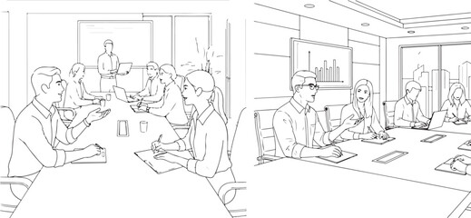 Fototapeta premium Line Art Illustration of Two Business Meetings in Different Rooms