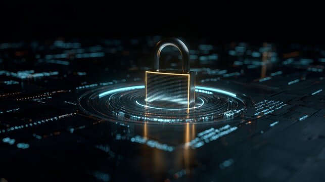 Futuristic padlock on a digital screen with running codes and commands, symbolizing data protection, encryption, secure networks, cybersecurity, information safety, and modern technology concepts