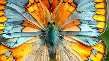 A closeup view of a butterflys wings, showcasing intricate patterns and vibrant colors.