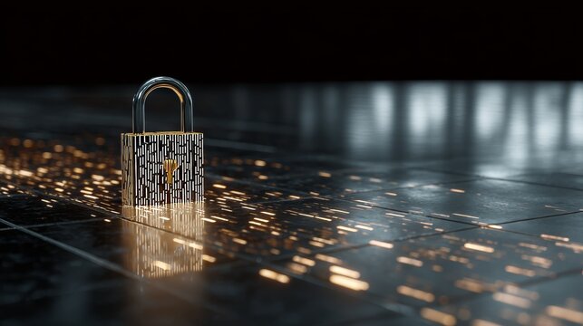 Futuristic padlock on a digital screen with running codes and commands, symbolizing data protection, encryption, secure networks, cybersecurity, information safety, and modern technology concepts