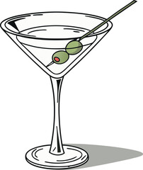 Minimal line art vector illustration of a margarita cocktail glass with lime slice, ice cubes, and citrus fruit. Perfect for bar menus, summer drink promotions, restaurant branding, cocktail party