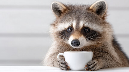 Raccoon holding a small cup while sitting at a table indoors  