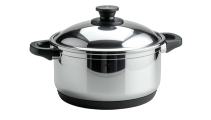Metal pot with lid, black handle, isolated on a dark background