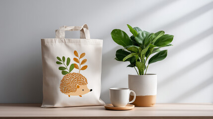 Hedgehog tote bag with plant and cup on wooden table in sunlight  