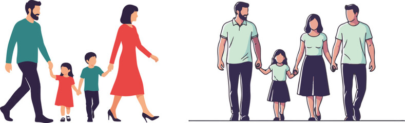 Flat Design Families Illustration Walking Together Vector Art