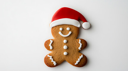 Festive gingerbread man cookie, adorned with a red Santa hat and white icing, poised on a clean white surface&mdash;a delicious symbol of holiday cheer and sweet traditions.