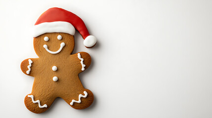 A charming gingerbread figure, adorned with a festive red hat, stands against a white backdrop. The cookie's whimsical design evokes holiday cheer & treats
