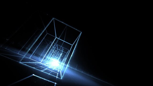 Leuchtende gitterf&ouml;rmige Geometrie f&uuml;r Technologie, Energie, Produktion & Datentransfer &ndash; moderne Architektur, Planung & Sicherheit visualisiert, blau
