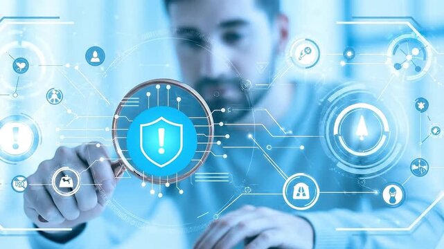 Man with Magnifying Glass Analyzing Digital Cybersecurity Interface, Highlighting Shield Icon for Data Protection and Network Threat Detection