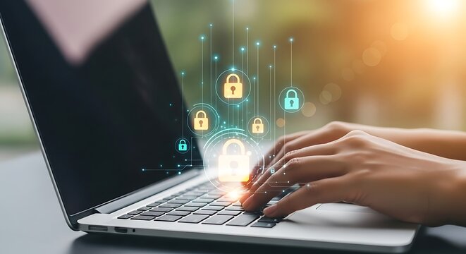 Hands typing on laptop with glowing lock icons and digital connections security technology - Powered by Adobe