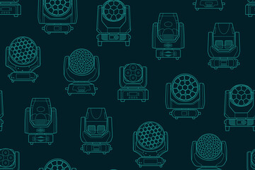 Seamless pattern of professional stage moving head lights illustrated in a clean linear style on a dark background, perfect for lighting design, event production, and technical backgrounds.