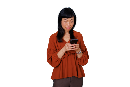 Asian woman using mobile phone, texting, communicating online, social networking, browsing on transparent background