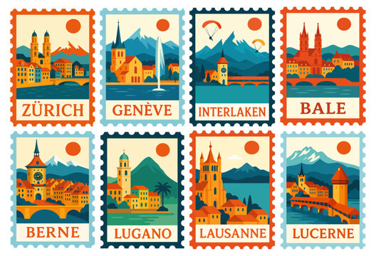 SET OF SWISS CITY AND LANDSCAPE STAMPS (GENEVE, LAUSANE, ZURICH, BASEL, LUGANO, LUCERNE, INTERLAKEN, BERNE)