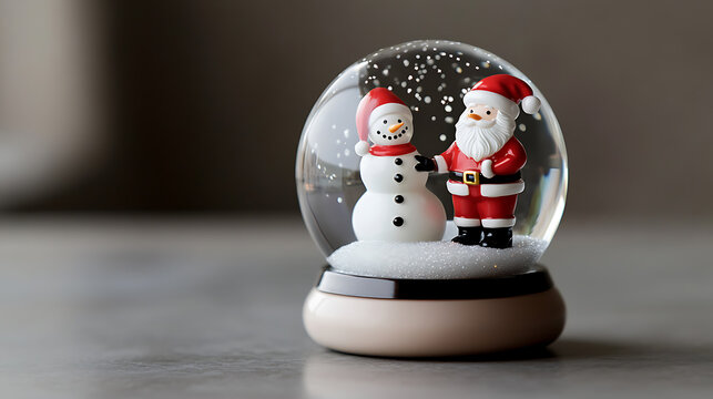 Festive Christmas Snow Globe: Santa Claus and snowman figurines adorn a holiday snow globe, creating a whimsical winter scene. A charming festive decoration.