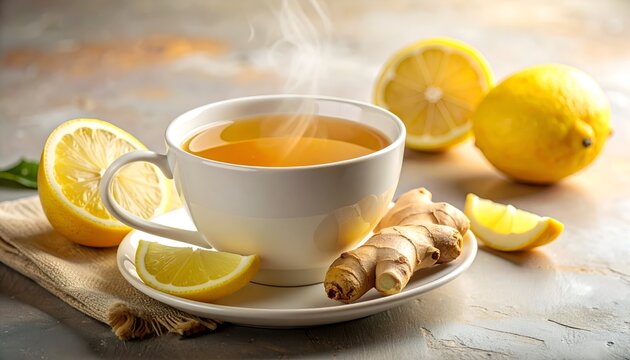 A steaming cup of tea with lemon and ginger on a rustic surface, soft lighting