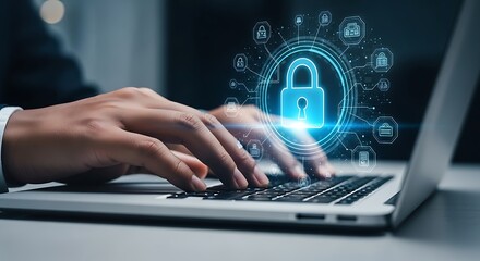 Person typing on laptop with glowing digital padlock and security icons cybersecurity