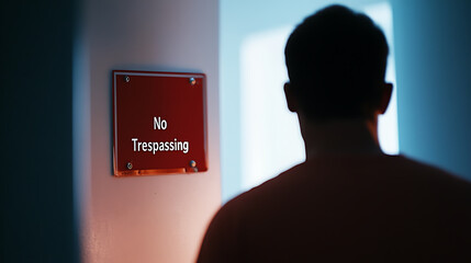 Intruder alert! Man ignores 'No Trespassing' sign, stepping into forbidden territory, bathed in mysterious light. Defiance? Curiosity? The unknown beckons.