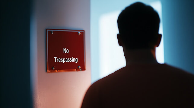 Intruder alert! Man ignores 'No Trespassing' sign, stepping into forbidden territory, bathed in mysterious light. Defiance? Curiosity? The unknown beckons.