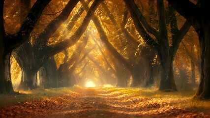 A vivid portrayal of a forest in autumn, with sunlight filtering through the canopy of trees, casting a warm, golden hue over the scene.