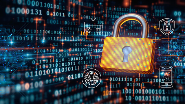 Cybersecurity: Digital Lock with Stylized Icons for Data Protection and Privacy