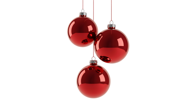 Three shiny red oval christmas ornaments hanging on a black background