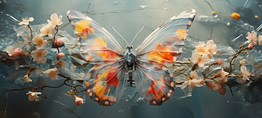 A butterfly , a small creature made of glass that is sitting in the palm of your hand,,generative AI