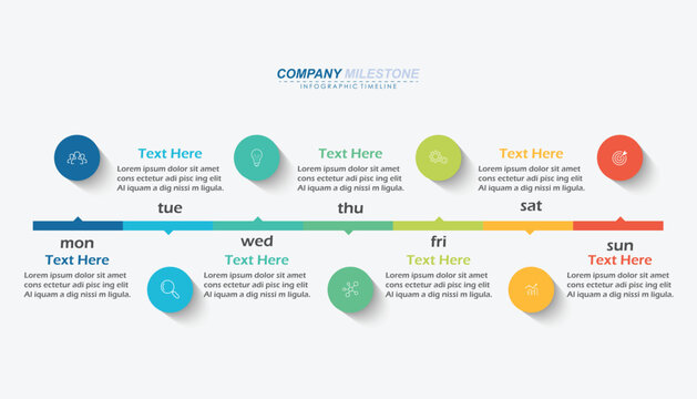 Circular or pin timeline weekly infographic template or element with 7 day, step, process, option, colorful rectangle, bar, column, arrow, tag